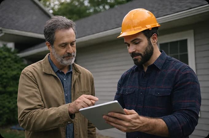 Roofers inspecting and taking notes